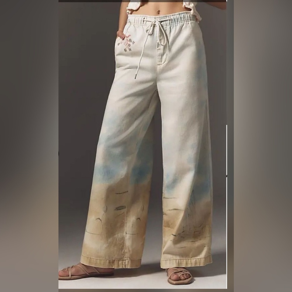 Pilcro - Canvas Wide-Leg Pants with ocean  Scene and flower vines!